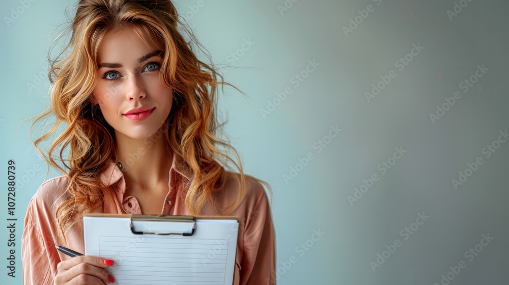 Secretary holding a notepad and pen organized and efficient. Secretary holding a notepad and pen organized and efficient.