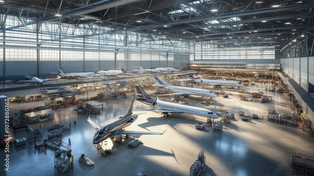 A large hangar with several private jets parked inside, some undergoing maintenance. A large hangar with several private jets parked inside, some undergoing maintenance.