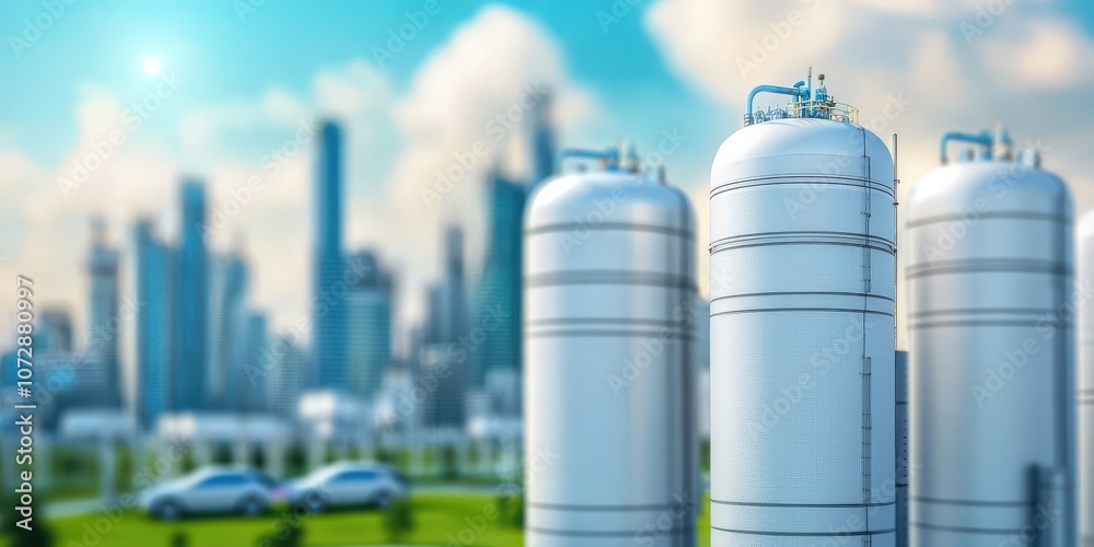 Fototapeta premium Industrial storage tanks in a modern cityscape, showcasing technological infrastructure and urban development against a bright, blurred background.