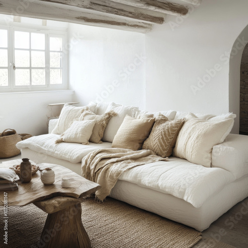 A cozy living room featuring large white sofa adorned with textured pillows, complemented by rustic wooden coffee table. serene atmosphere invites relaxation and comfort