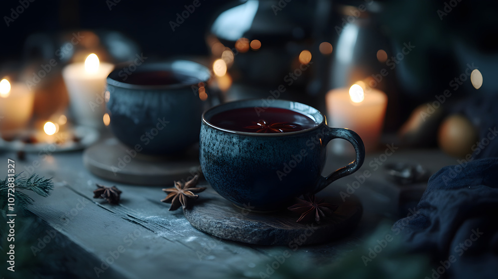 Hot spiced wine punch served in mugs with star anise. Hot spiced wine punch served in mugs with star anise.
