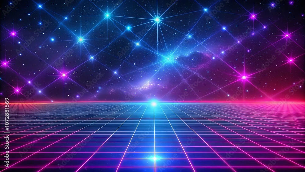 A vibrant cosmic landscape with a glowing grid receding into a starry expanse, punctuated by vibrant stars, showcasing a retro-futuristic aesthetic. A vibrant cosmic landscape with a glowing grid receding into a starry expanse, punctuated by vibrant stars, showcasing a retro-futuristic aesthetic.