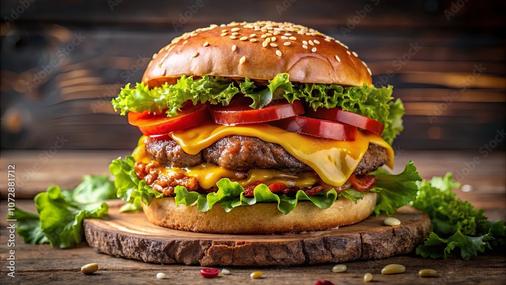 A juicy, towering cheeseburger with fresh lettuce, succulent tomato slices, and melted cheese, resting on a rustic wooden board. A juicy, towering cheeseburger with fresh lettuce, succulent tomato slices, and melted cheese, resting on a rustic wooden board.
