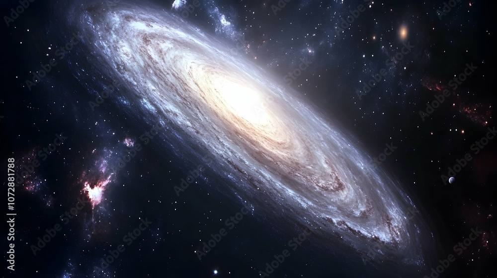 Naklejka premium A stunning view of a spiral galaxy with a bright core, surrounded by billions of stars and nebulae.