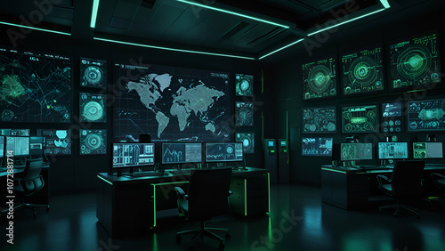 A high-tech control room with large digital screens displaying real-time data streams and analytics in various vibrant colors, showing encrypted data