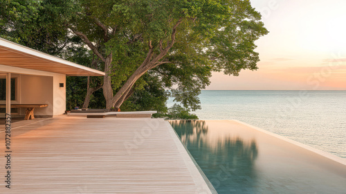 Luxury beachfront villa with infinity pool overlooking the serene ocean at sunset