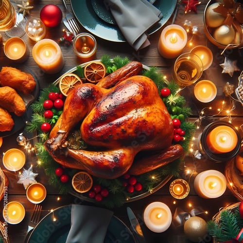 A festive Christmas dinner featuring baked turkey, decorated with tinsel and candles, and fried chicken is served at a festive table.