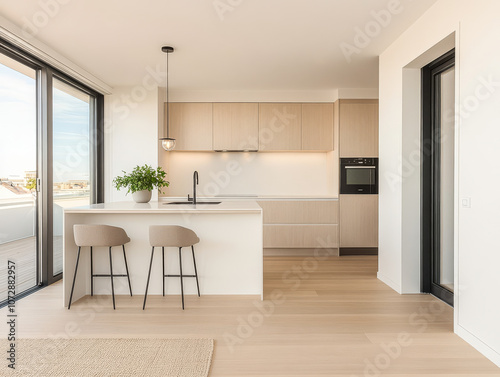Modern minimalist kitchen design with a spacious layout in a bright, airy apartment