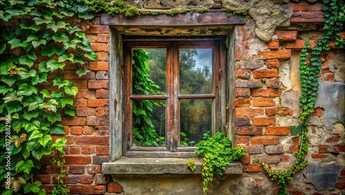 A weathered brick wall with a window framed by the embrace of lush greenery, showcasing the passage of time and the resilience of nature.