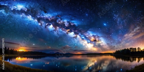 A breathtaking vista of the milky way galaxy reflected on a tranquil lake, revealing an expanse of stars stretching across a serene night sky.