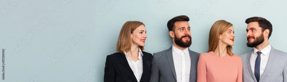 A group of four professionals socializing against a light blue background, dressed in fashionable business attire, exuding confidence and modern style. A group of four professionals socializing against a light blue background, dressed in fashionable business attire, exuding confidence and modern style.