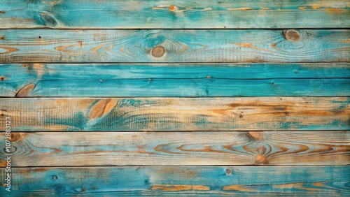 Weathered Wooden Planks Painted in Shades of Turquoise and Brown with Distressed Surface and Visible Grain