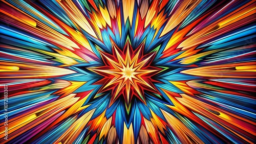 A vibrant kaleidoscope of colors forming a star-shaped pattern with radiating lines, creating a dynamic and energetic visual experience.