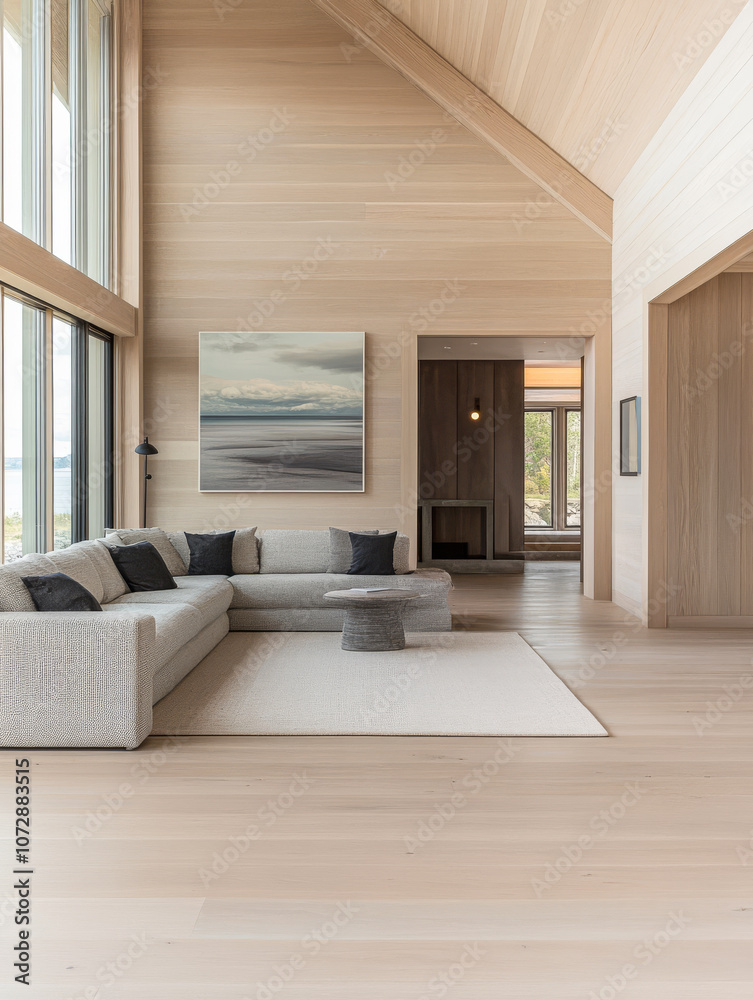 Fototapeta premium A spacious living room showcases a minimalist design with abundant natural light