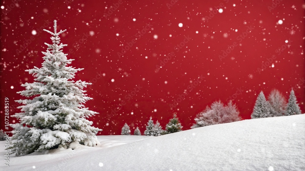 Snowy Christmas scene with red background, snowy woods, holiday cheer Snowy Christmas scene with red background, snowy woods, holiday cheer