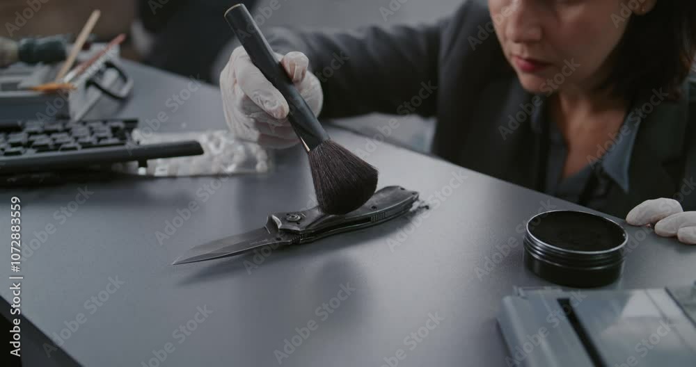 Murder case: Close up of female forensic scientist searching for fingerprints on murder weapon using brush. African American police officer works in the background. Investigation team at crime scene. Murder case: Close up of female forensic scientist searching for fingerprints on murder weapon using brush. African American police officer works in the background. Investigation team at crime scene.