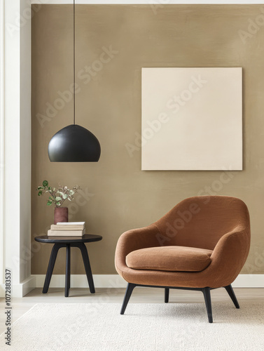 Cozy modern living space featuring a brown armchair, side table, and minimalist wall art