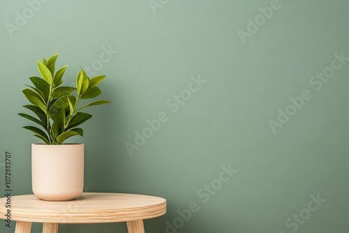 A small green plant in a cream pot on a wooden table against a soft green wall