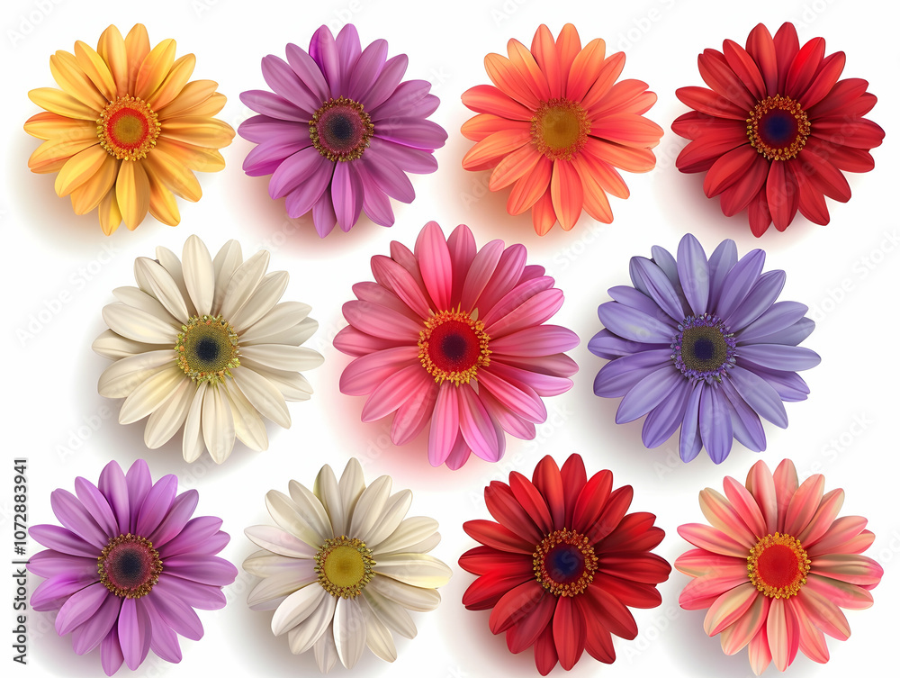 Set of colorful daisies on a white background, vector illustration. Detailed, realistic flowers. Set of colorful daisies on a white background, vector illustration. Detailed, realistic flowers.