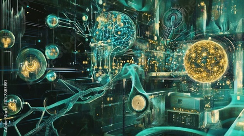 Abstract futuristic image with a glowing brain, sphere and tubes.