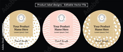 Product label design round shape white pink gold color template hand drawn pattern texture candle beauty spa labels editable vector packaging file print ready design illustration