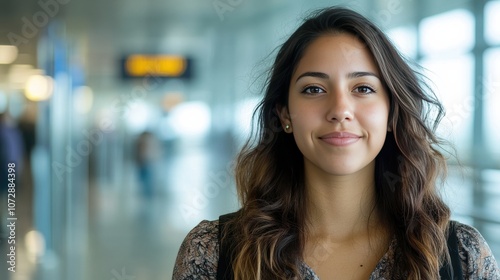 Wallpaper Mural Confident Young Woman Smiling at Airport Terminal with Travel Background Torontodigital.ca