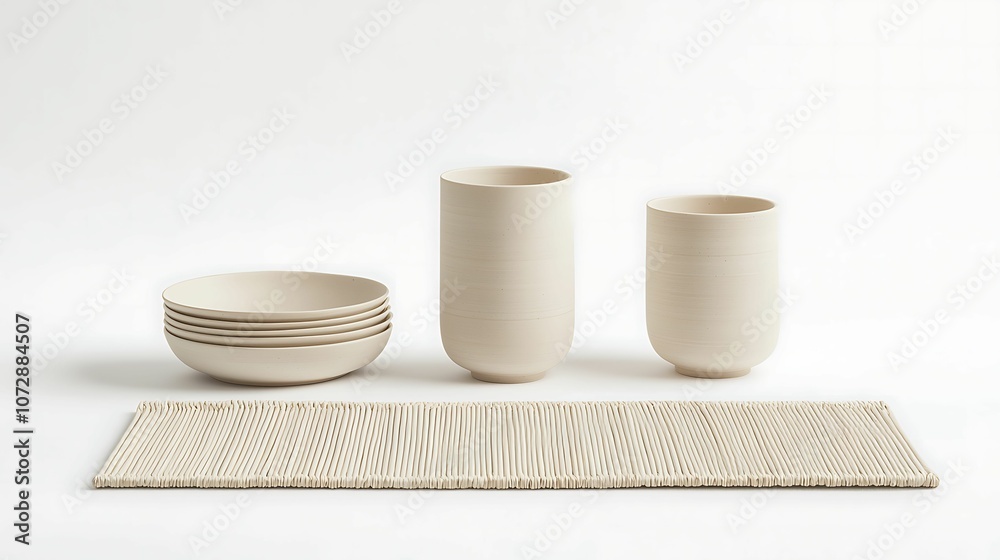 A minimalist table setting featuring beige ceramic bowls and cups, arranged neatly on a textured placemat. A minimalist table setting featuring beige ceramic bowls and cups, arranged neatly on a textured placemat.
