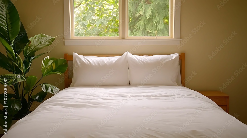 Interior design bamboo eco-friendly. A cozy bedroom featuring a neatly made bed with white linen, two pillows, and a green plant beside a window that overlooks nature.