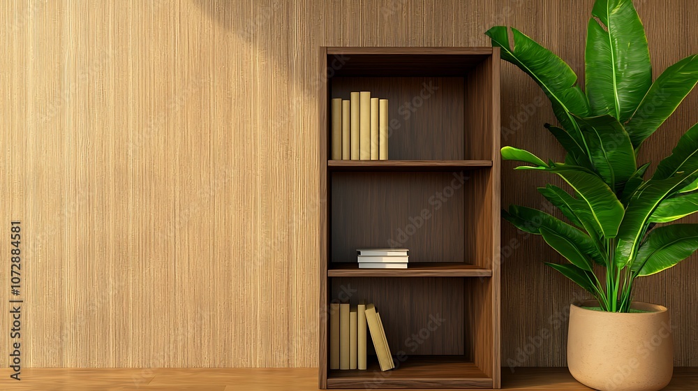 A modern bookshelf stands against a textured wall, accompanied by a potted plant, creating a stylish and inviting atmosphere. A modern bookshelf stands against a textured wall, accompanied by a potted plant, creating a stylish and inviting atmosphere.