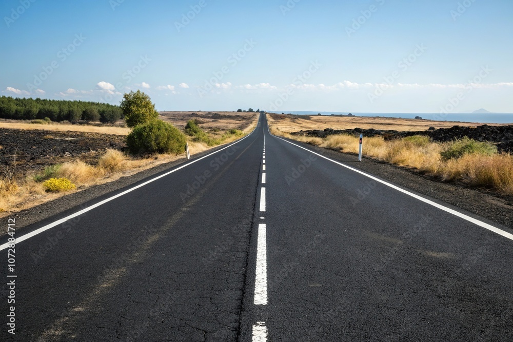 Straight black asphalt road with white dividing lines on a sunny day, rural, highway markings Straight black asphalt road with white dividing lines on a sunny day, rural, highway markings