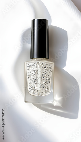 Nail polish bottle mockup with harsh shadow on white silk background french manicure cosmetics product. Sparkling transparent nailpolish against delamination cracking make-up. Design branding templa photo