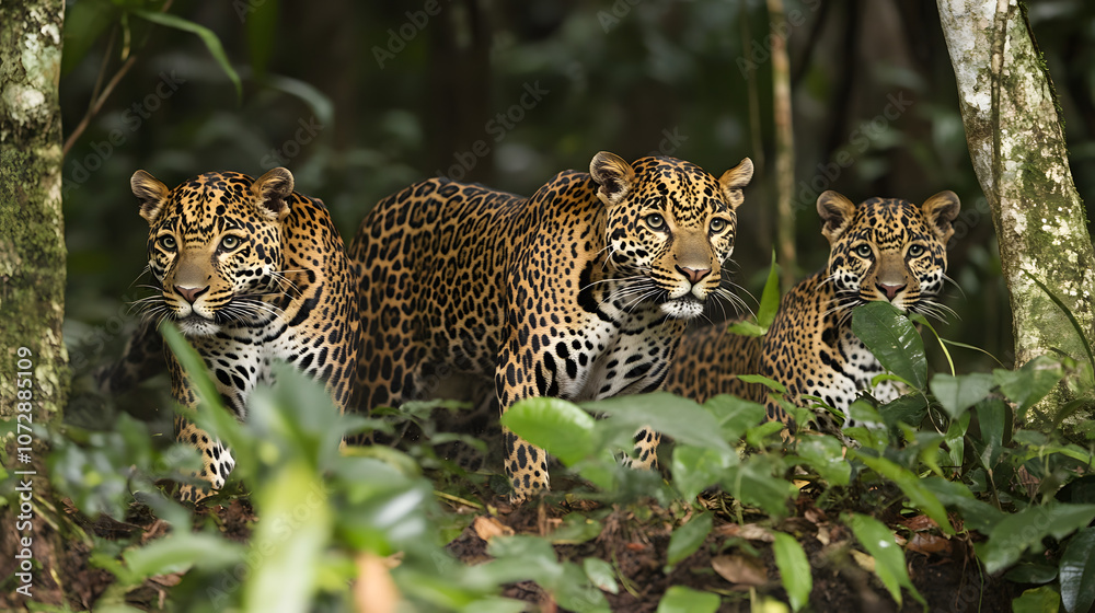 Naklejka premium Leopards with spotted coats in dense jungle.