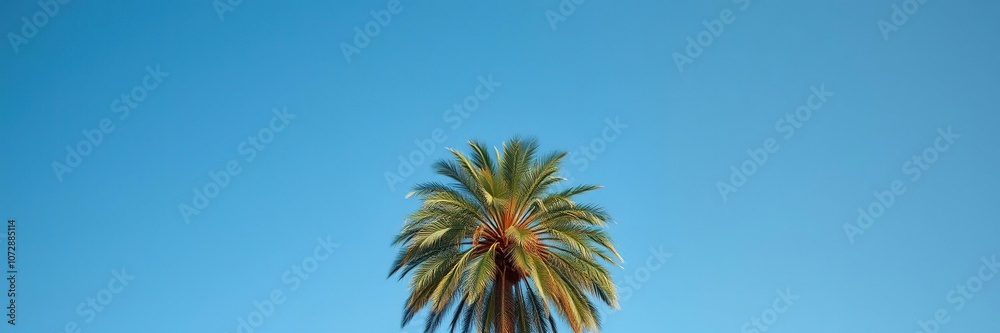 Tall palm tree standing against a vibrant blue sky backdrop, summer, coastal