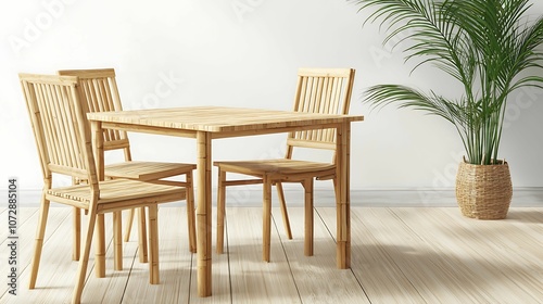 Interior design bamboo eco-friendly. A minimalist wooden dining table set with four chairs beside a potted plant against a light wall.