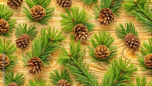 A Seamless Pattern of Pine Cones and Evergreen Branches on a Wooden Background