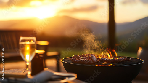 South African braai with grilled meats, set in a countryside outdoor setting with mountain views, soft evening sunlight