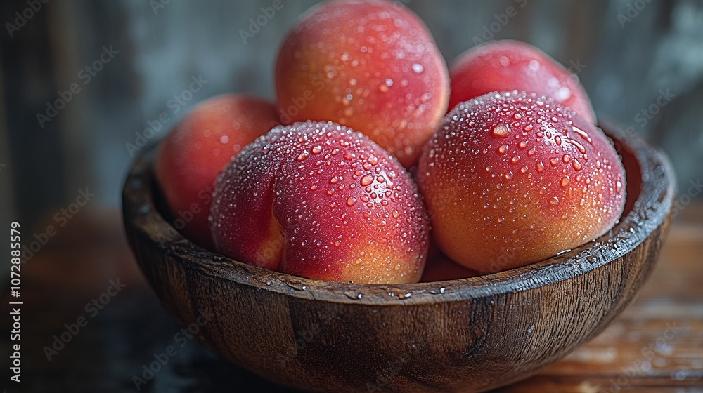 Fresh Juicy Peaches in a Rustic Wooden Bowl on Kitchen Counter Fresh Juicy Peaches in a Rustic Wooden Bowl on Kitchen Counter