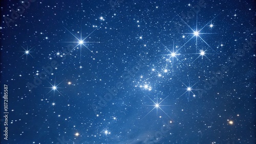 Twinkling star cluster against a deep blue background, luminous, stardust, shimmering, galaxies