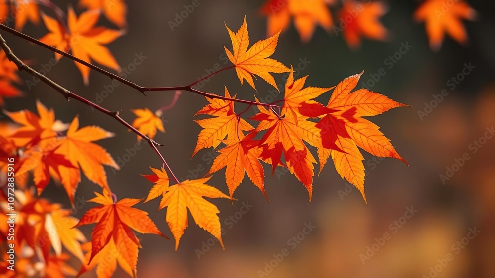 Vibrant orange maple leaves cling to a slender branch, swaying gently in the autumn breeze, autumn, leaves, branch Vibrant orange maple leaves cling to a slender branch, swaying gently in the autumn breeze, autumn, leaves, branch