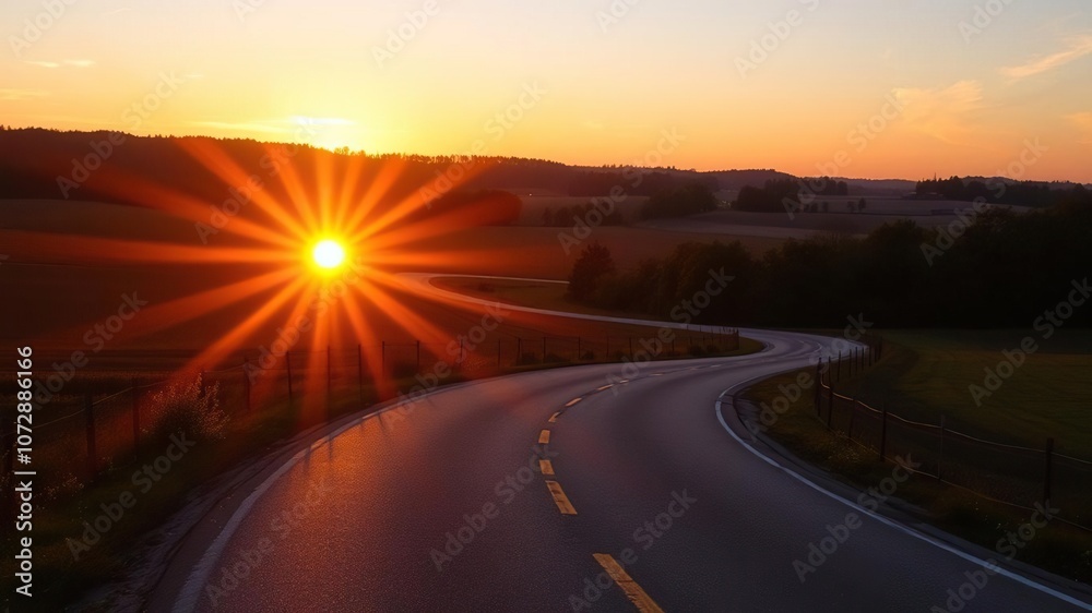 Vibrant sunset illuminating a winding rural road surrounded by farmland and trees, serene, tranquil Vibrant sunset illuminating a winding rural road surrounded by farmland and trees, serene, tranquil
