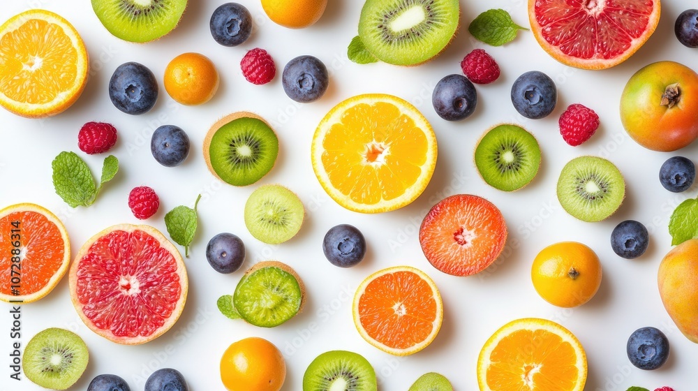 Colorful flat lay with mixed fruits, top-down view on a white background. Bright, healthy food concept with various fresh fruits. Colorful flat lay with mixed fruits, top-down view on a white background. Bright, healthy food concept with various fresh fruits.