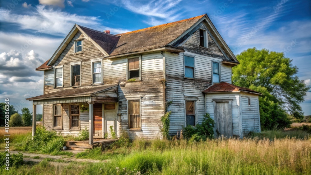 A weathered wooden house with a porch sits nestled in a field of tall grass, its windows gazing out at a sky filled with clouds. A weathered wooden house with a porch sits nestled in a field of tall grass, its windows gazing out at a sky filled with clouds.