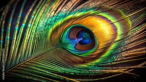 A Single Peacock Feather Displaying the Intricate Pattern of Its Eyespot with Vibrant Colors and Delicate Barbs