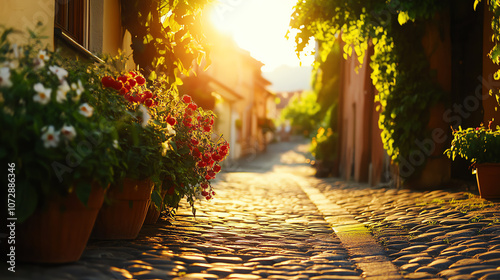 Italian Margherita pizza with basil and tomatoes, viewed with a cobbled street in a classic Italian village, sunset lighting