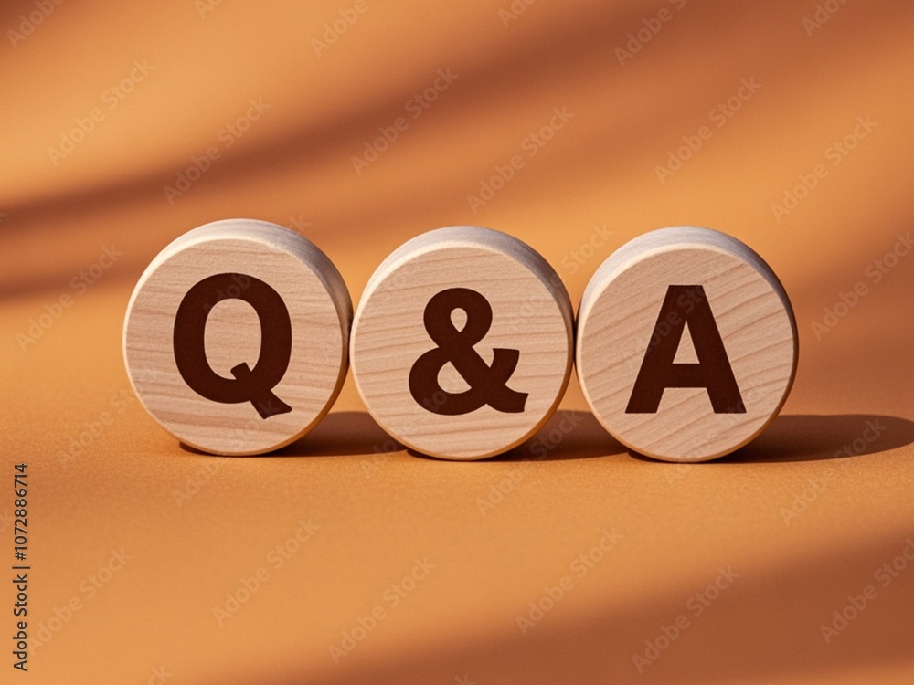 Concept text 'Q and A' on wooden circles on a beautiful orange background. Business concept. Copy space.
