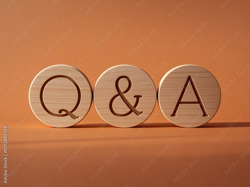 Concept text 'Q and A' on wooden circles on a beautiful orange background. Business concept. Copy space.