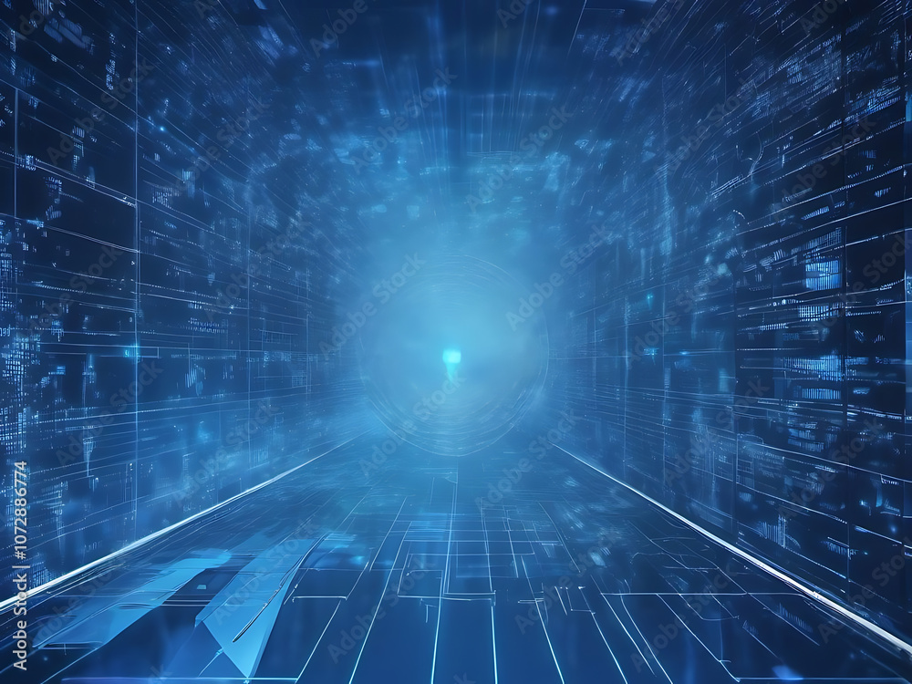 Obraz premium Futuristic blue Digital Corridor with tiny blue light