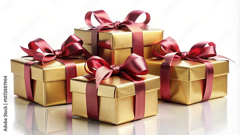Obraz premium A Collection of Gold Gift Boxes Adorned with Crimson Ribbons, Reflecting in a Gleaming Surface
