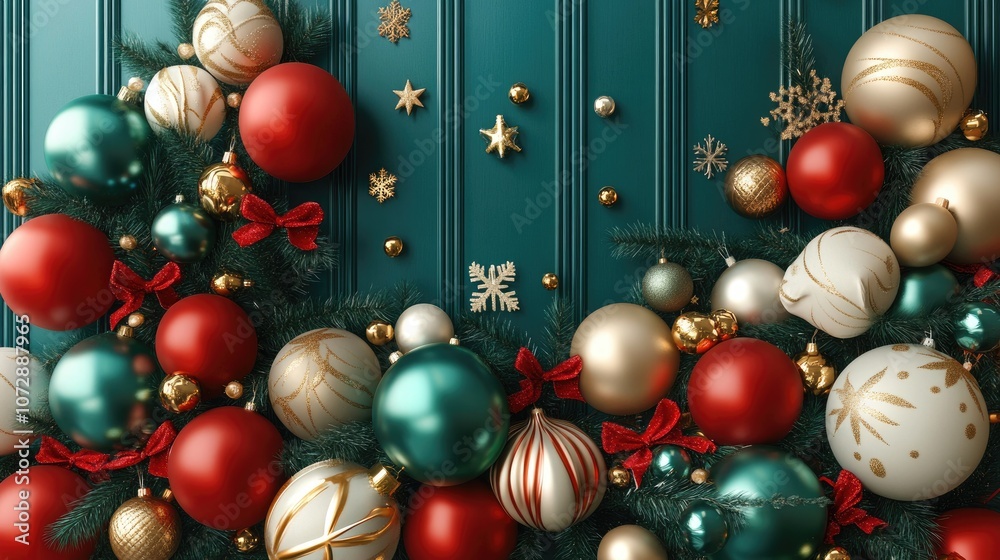 Christmas balloons party decorations, Collection of Christmas, 3D render, Triadic color scheme Christmas balloons party decorations, Collection of Christmas, 3D render, Triadic color scheme