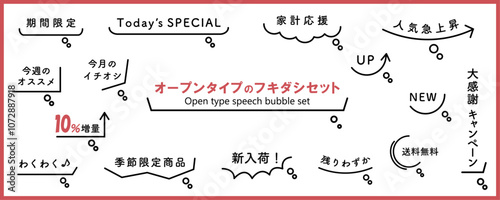 オープンタイプのシンプルなフキダシセット　ベクターイラスト　あしらい　線の太さ編集可能　透過背景